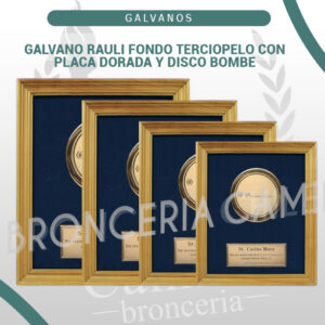 GALVANO RAULI FONDO TERCIOPELO CON PLACA DORADA Y DISCO BOMBE