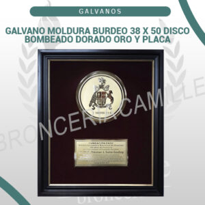 Galvano moldura burdeo 38 x 50 disco bombeado dorado oro y placa