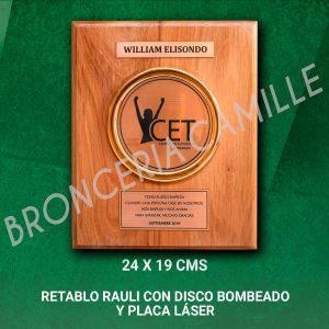 Retablo Rauli con disco bombeado y placa láser tamaño 19x24