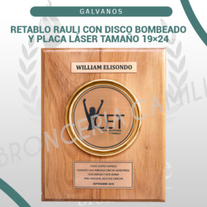 Retablo Rauli con disco bombeado y placa láser tamaño 19x24