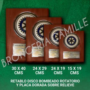 Retablo disco bombeado rotatorio y placa dorada sobre relieve