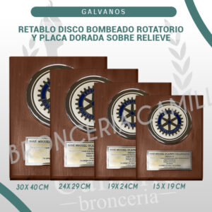 Retablo disco bombeado rotatorio y placa dorada sobre relieve