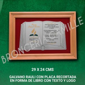 GALVANO RAULI CON PLACA RECORTADA EN FORMA DE LIBRO CON TEXTO Y LOGO