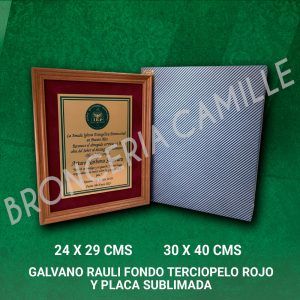 Galvano rauli fondo terciopelo rojo placa vertical sublimada personalizada