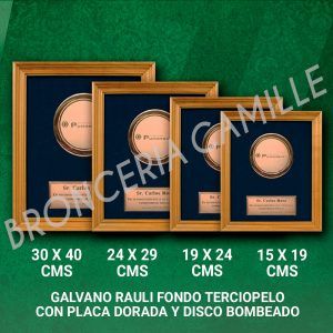 GALVANO RAULI FONDO TERCIOPELO CON PLACA DORADA Y DISCO BOMBE