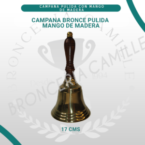 Campana de bronce pulido con mango de madera