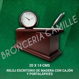 Reloj Escritorio de Madera con Cajón y Portalápices