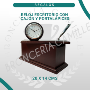 Reloj Escritorio de Madera con Cajón y Portalápices