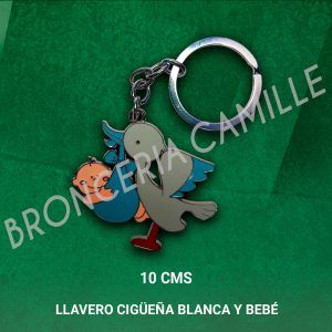 Llavero Metálico Cigüeña Blanca y Bebé