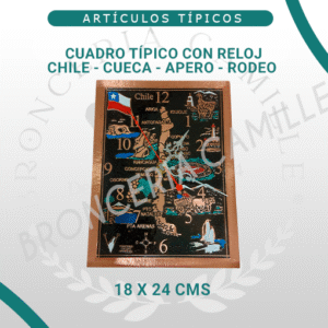 Cuadro Típico con Reloj diseños Cueca - Mapa de Chile - Apero - Rodeo